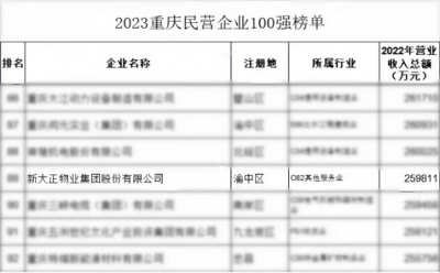 新大正入选2023重庆民营企业100强榜单